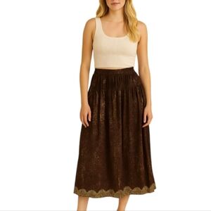 Handmade Bohemian Indian Beaded Maxi Skirt Brown Gold Embroidered L/XL